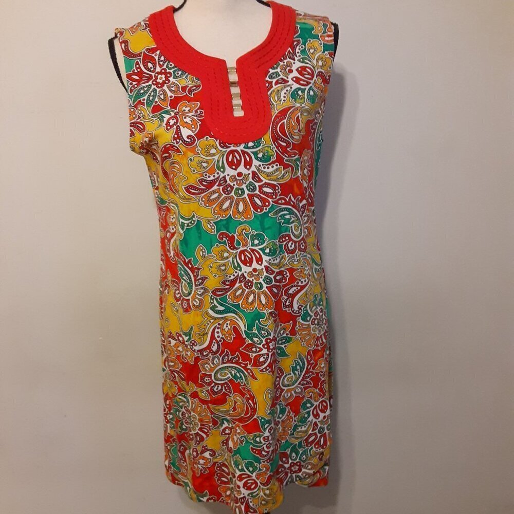 Rafaella (PM)Orange/Yellow/Green/White Sleeveless Flower Dress w/Scoop Neckline